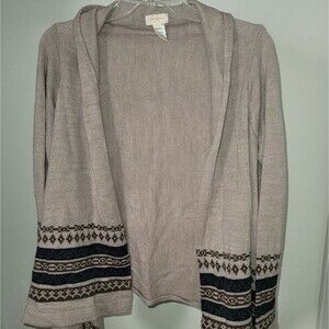 Ambiance Women’s Open Front Cardigan Sweater Size L Beige Fair Isle Knit Long